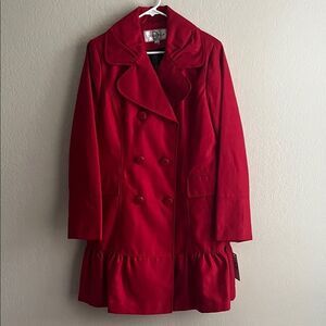 NWT DONATELLA  Vibrant Red Trench Coat Double Breasted Ruffle Hem in Size L